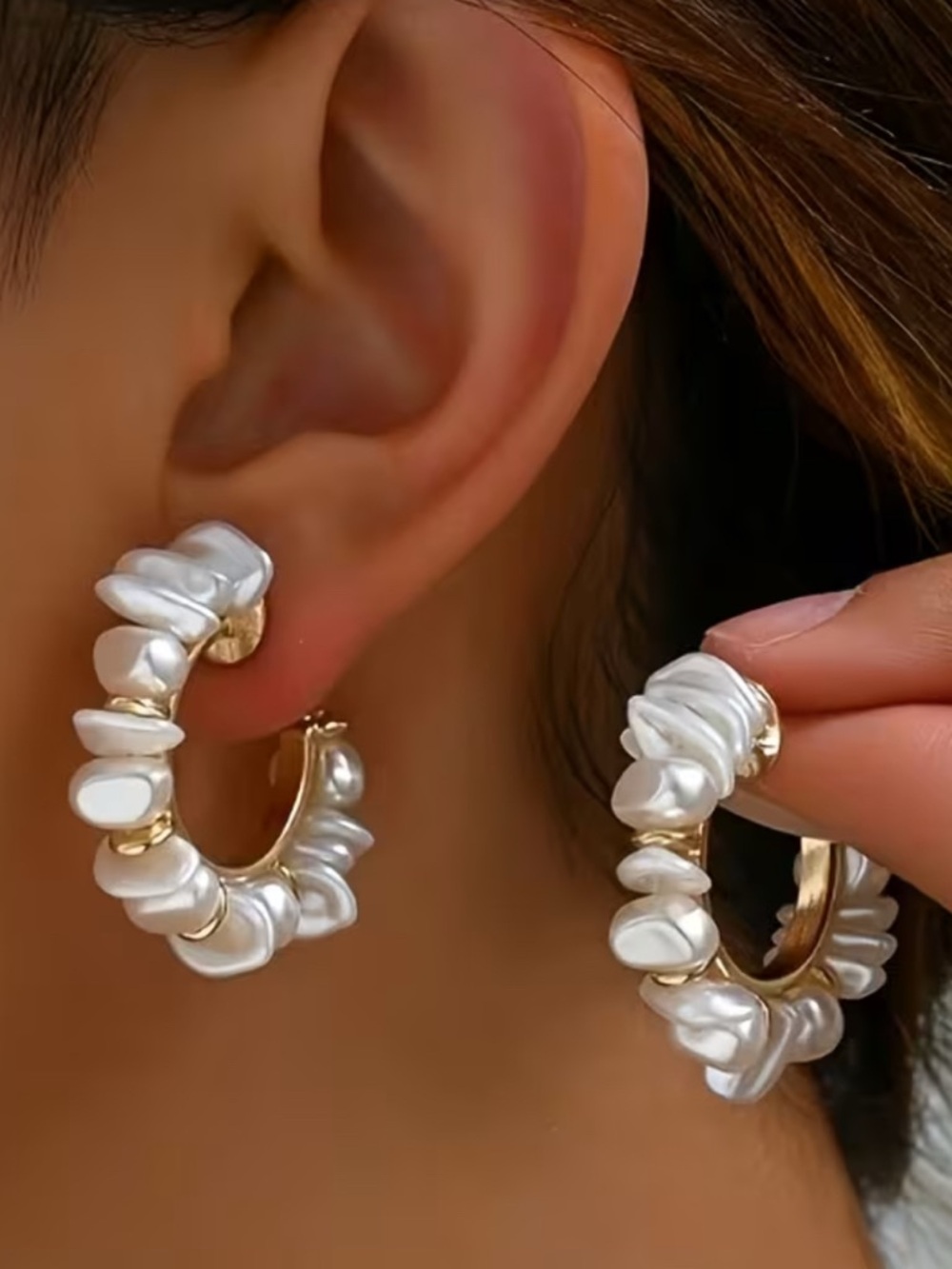 Gold Hoop Earrings with White Pearl Chip Accents - Women Jewelry